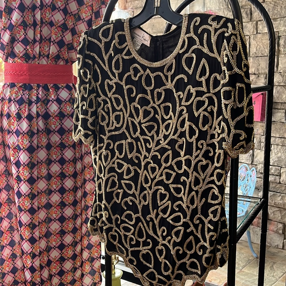 Vintage 80s Laurence Kazar Black Top with Gold Embroidery beading